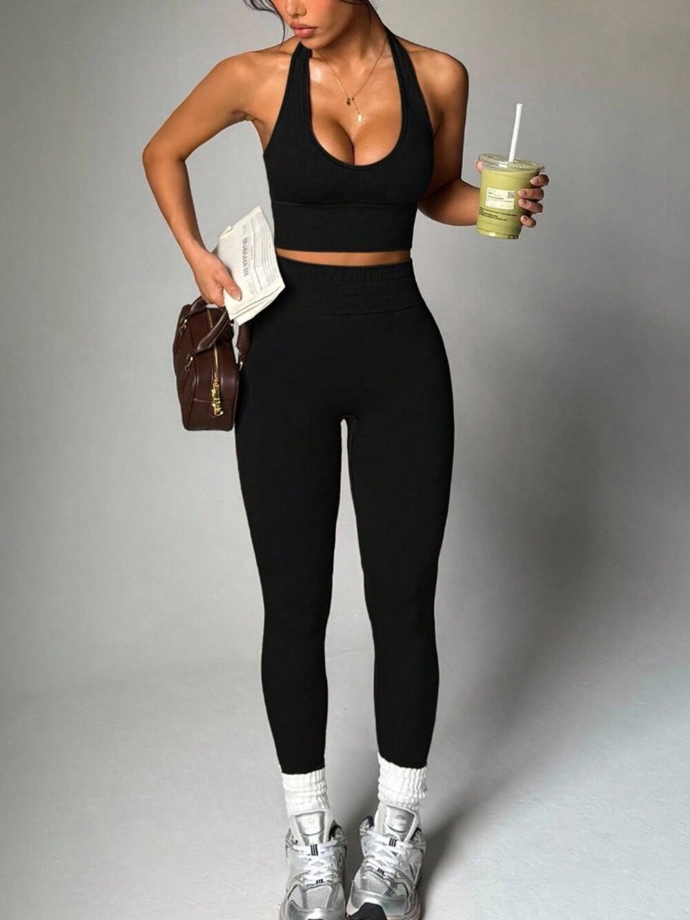 Black Casual Women's Halter Neck Tank Top And High Waist Leggings Sports Set - Picture 6 of 7
